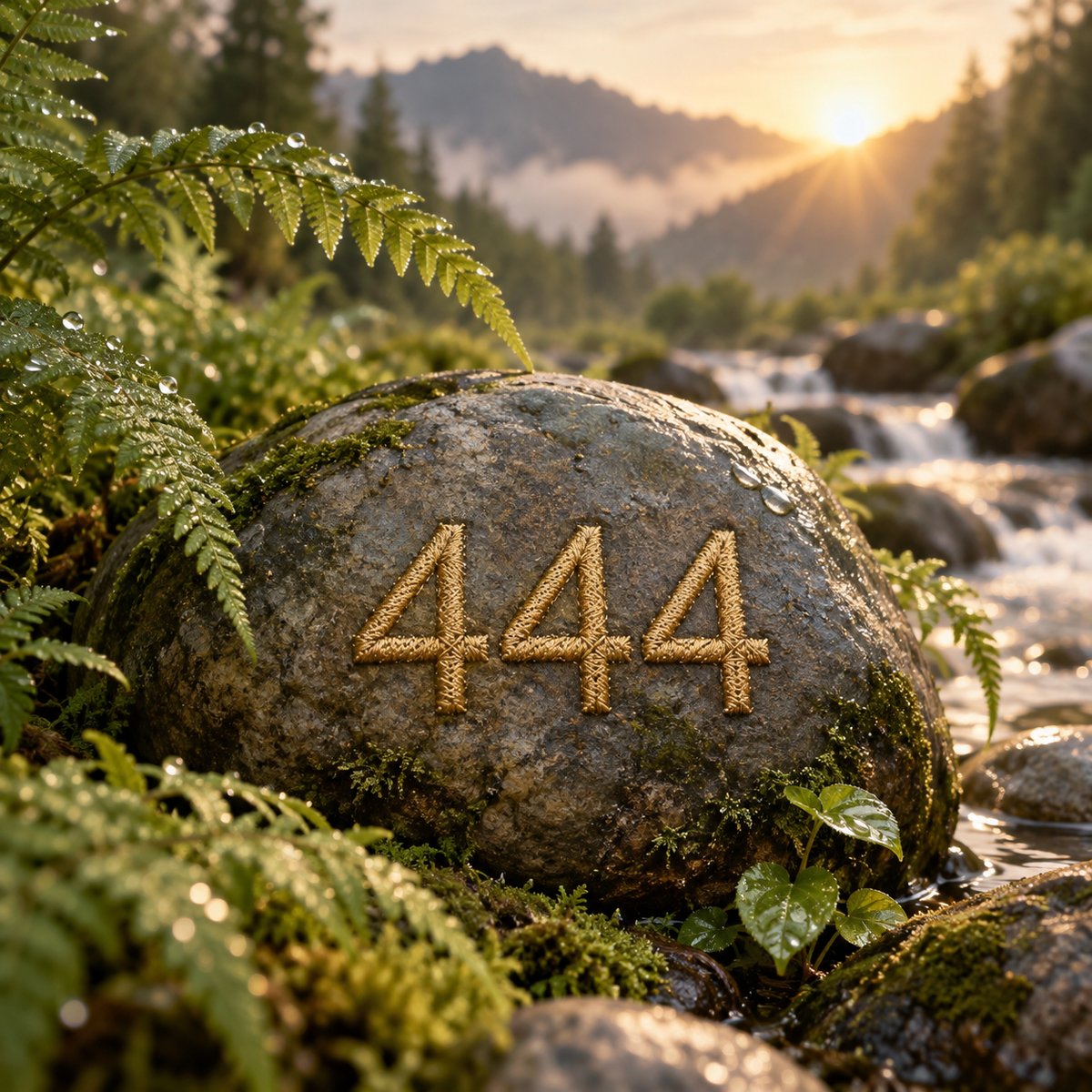 The exact digits 444 stitched in muted gold on a real smooth rock with fern and dew, angel numbers