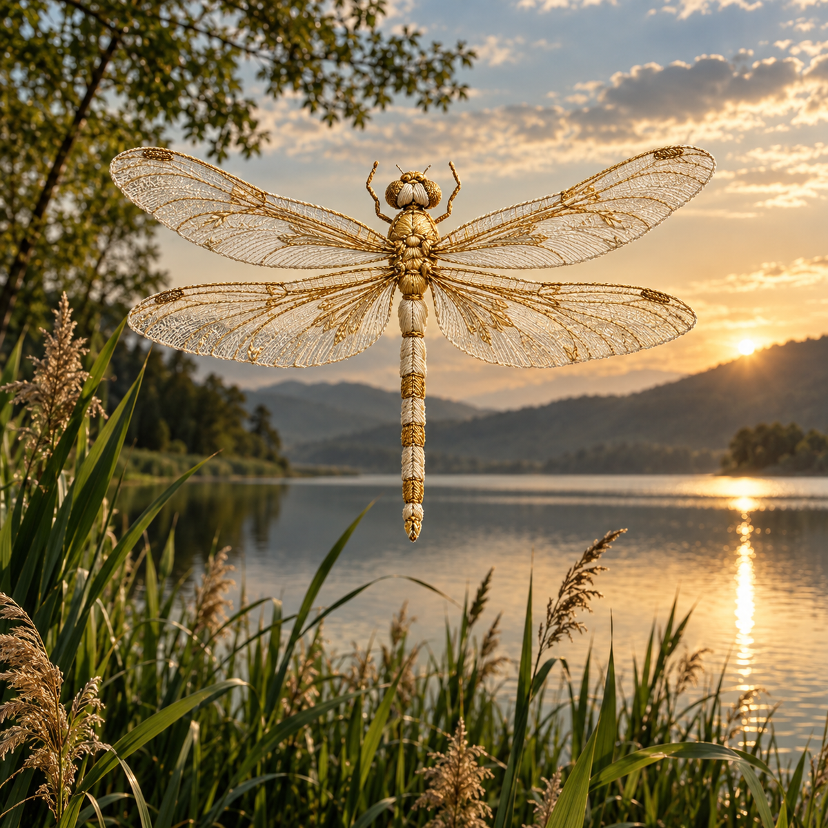 A fine embroidered dragonfly in cream and gold hovering over a real reed-lined lake, best sellers symbolism