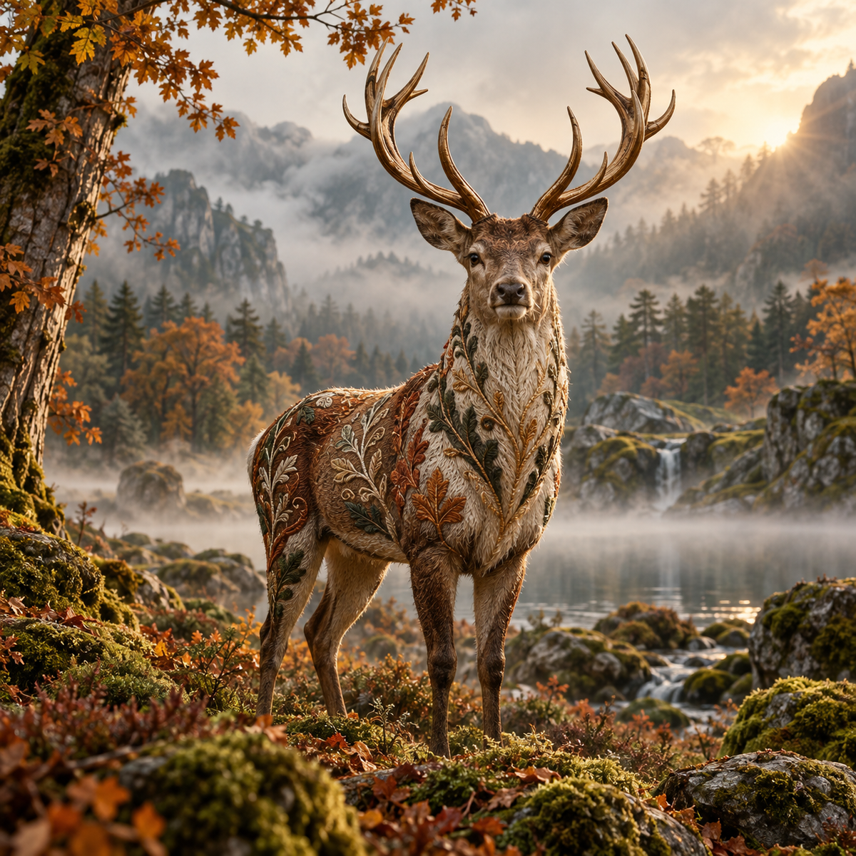 An embroidered stag with bronze antlers in a real misty autumn glade, power animals