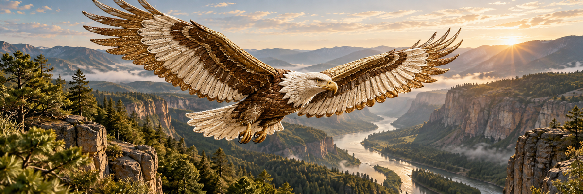An embroidered eagle in cream and bronze thread soaring above a real canyon in gentle morning light, power animals