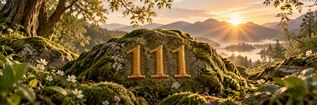 The exact digits 111 embroidered in warm gold thread on a mossy rock in a luminous dawn woodland, angel numbers, no other text