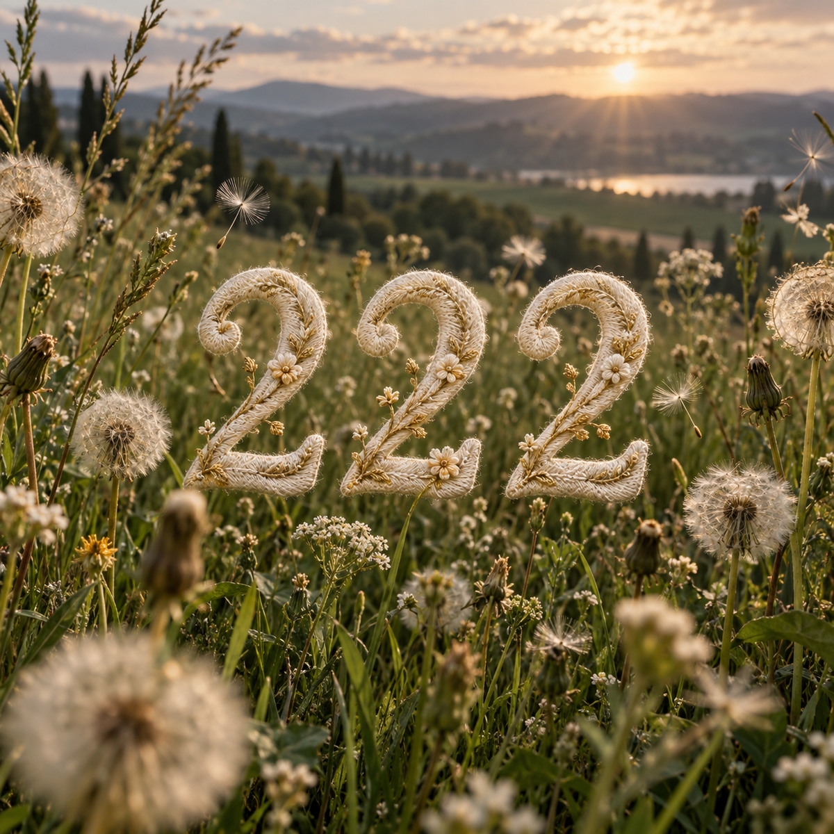 The exact digits 222 in delicate cream embroidery floating among real seedheads in a green meadow, angel numbers