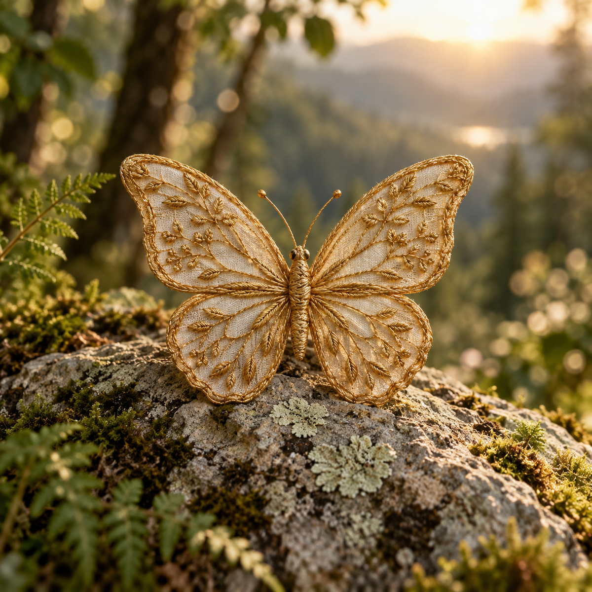 An elegant gold embroidered butterfly on real pale lichen stone, forest bokeh, best sellers symbolic artwork