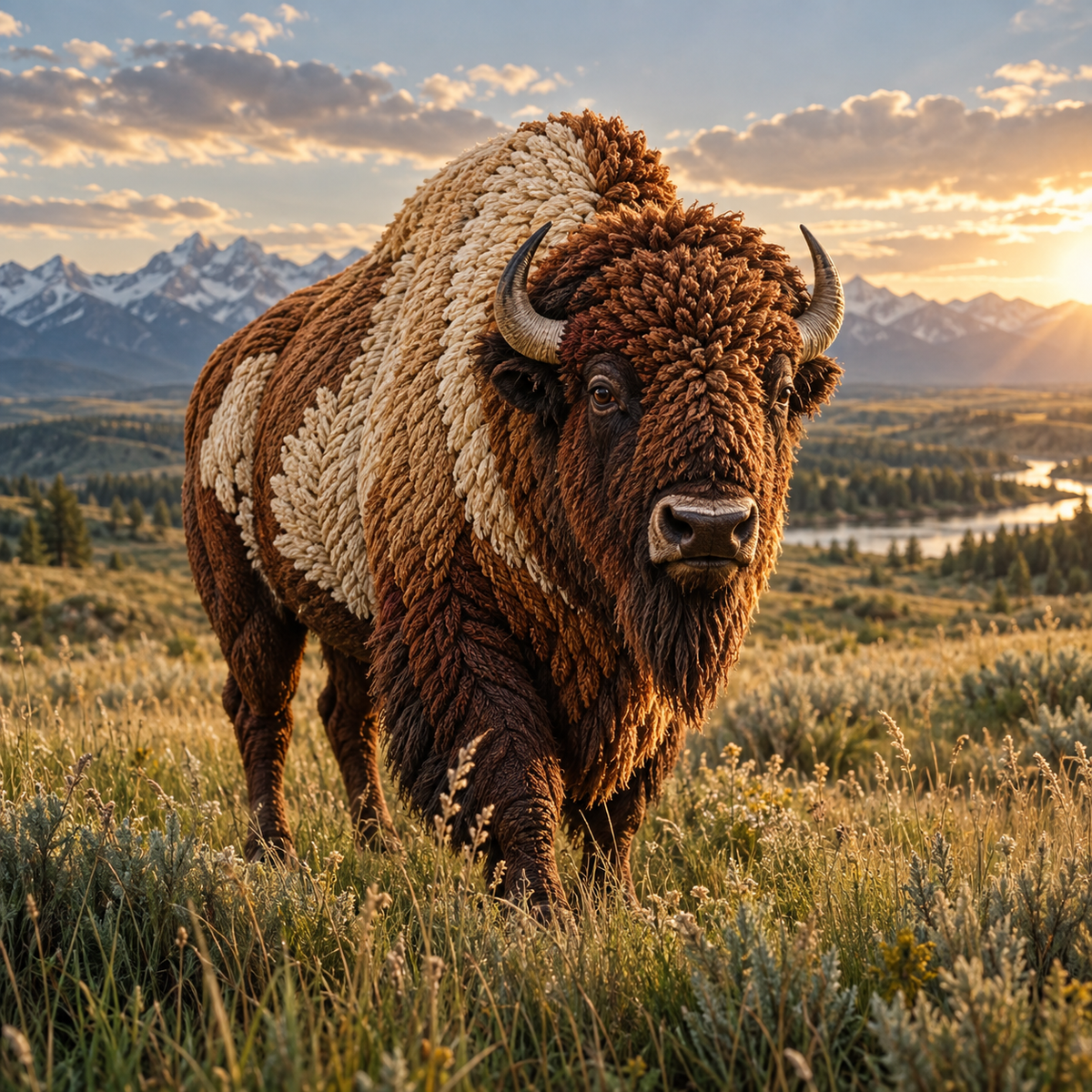 A sculptural embroidered bison in warm brown and cream standing in a real prairie, power animals