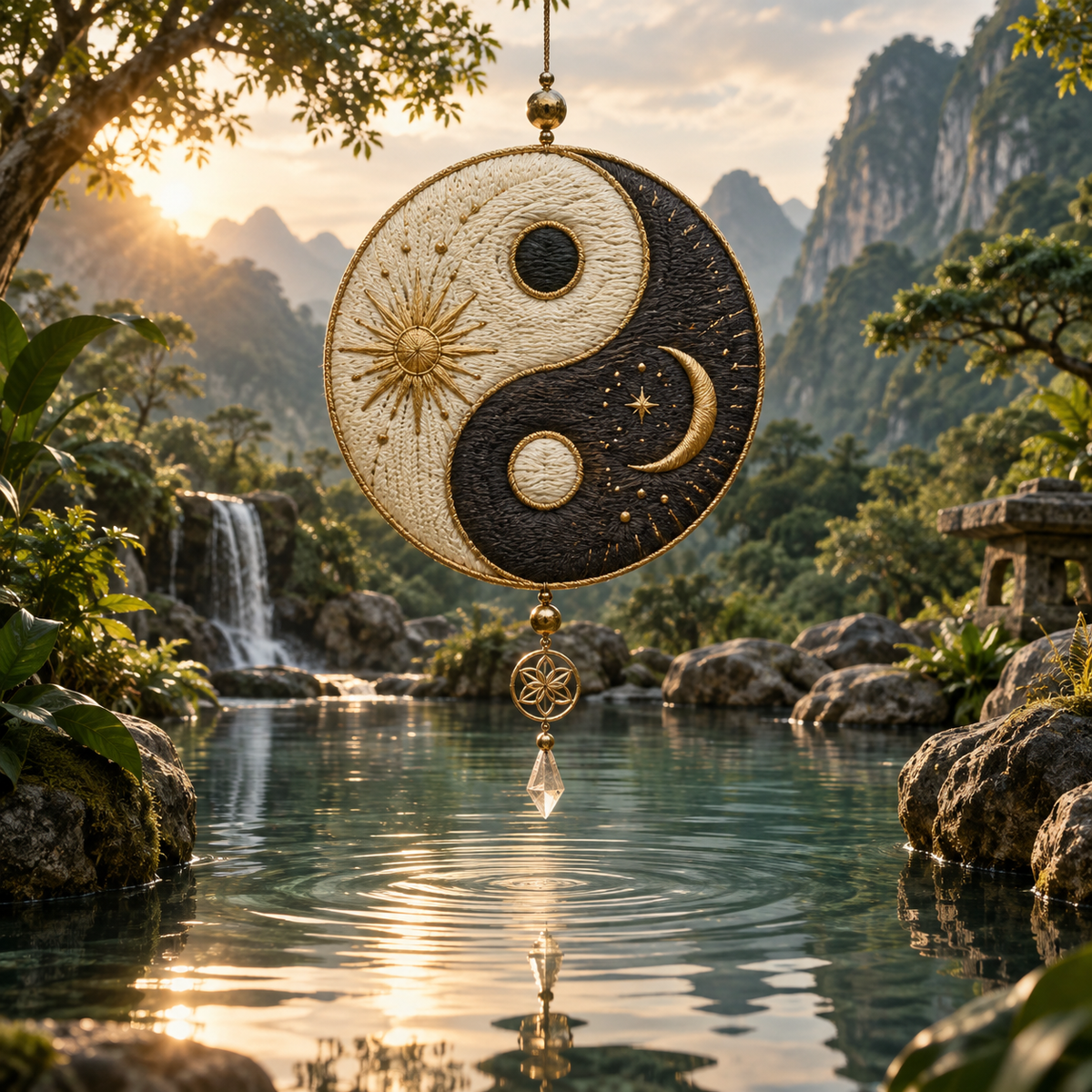 An embroidered yin yang in cream and charcoal with small gold details suspended above a real tranquil pool, sacred symbols