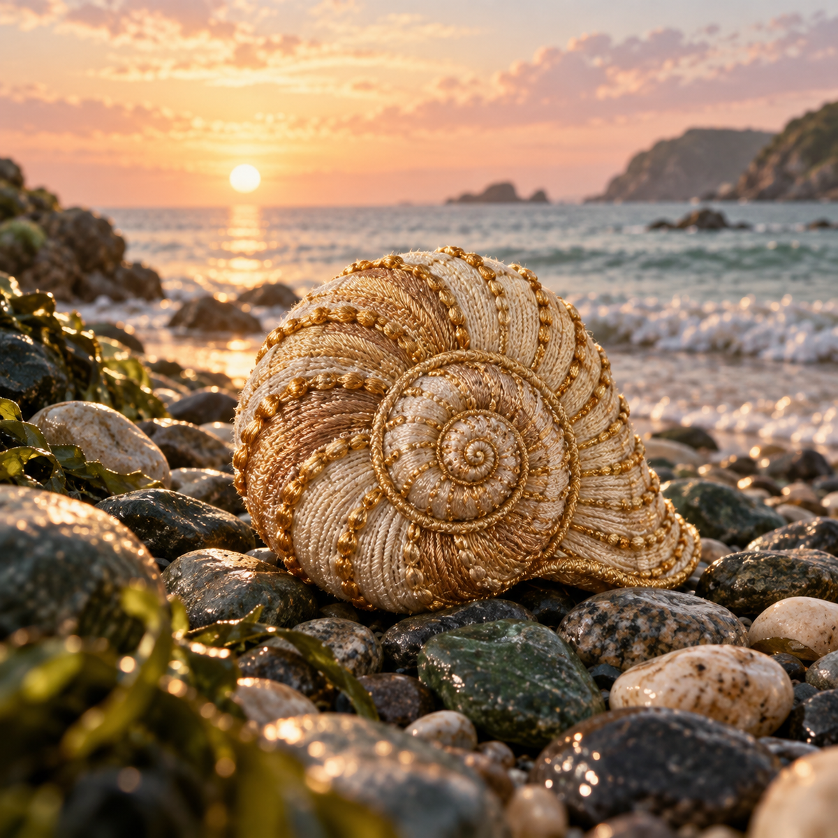 An embroidered golden spiral shell resting on a real pebble beach at pastel dawn, best sellers symbolism