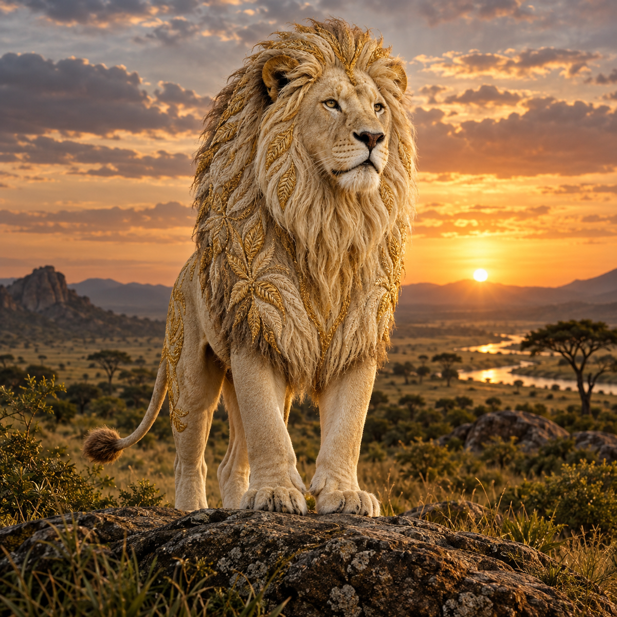 A richly embroidered lion in cream and muted gold on a real savannah at dusk, power animals