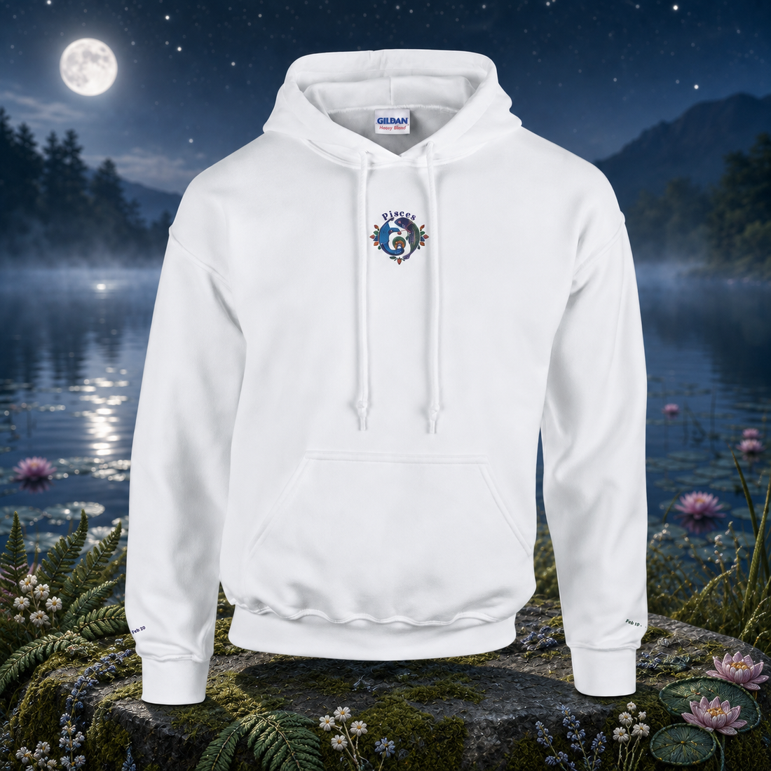 Pisces (February 19 - March 20) – The Dreamy Mystic — original product design in a realistic scene with embroidered environmental details.