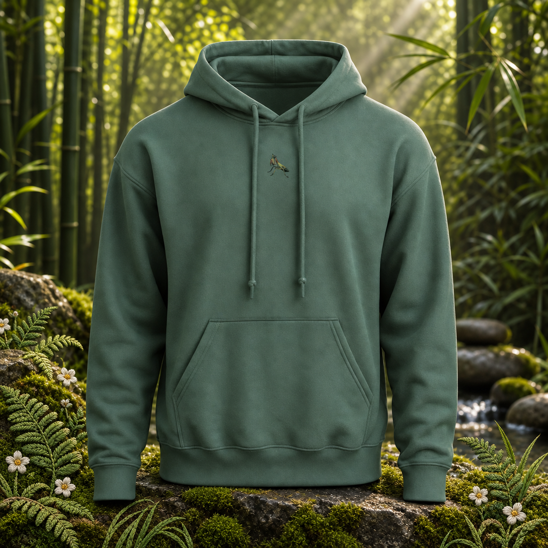 Praying Mantis – Patience & Precision — original product design in a realistic scene with embroidered environmental details.