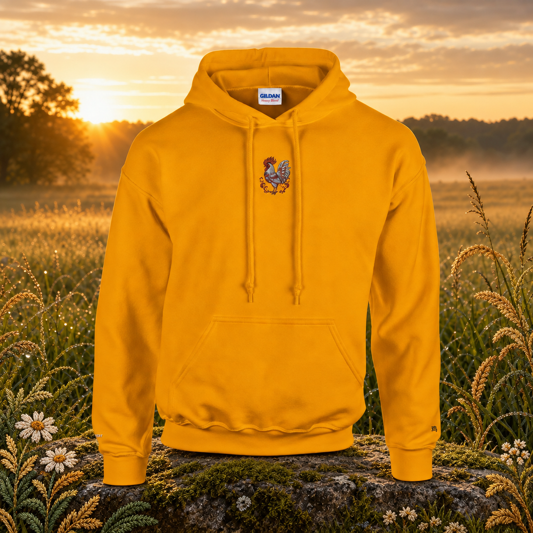 Rooster (鸡 - Jī) — original product design in a realistic scene with embroidered environmental details.