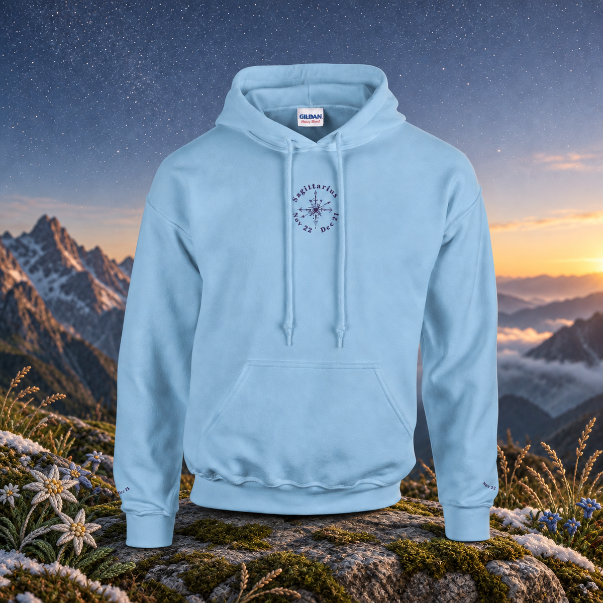 Sagittarius (November 22 - December 21) – The Adventurous Explorer — original product design in a realistic scene with embroidered environmental details.