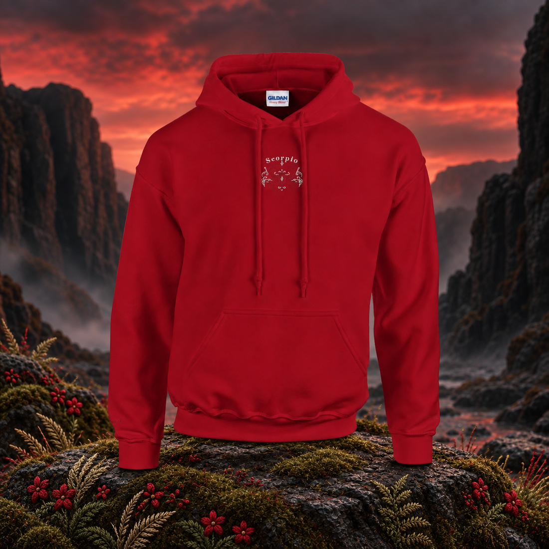 Scorpio (October 23 - November 21) – The Intense Transformer — original product design in a realistic scene with embroidered environmental details.