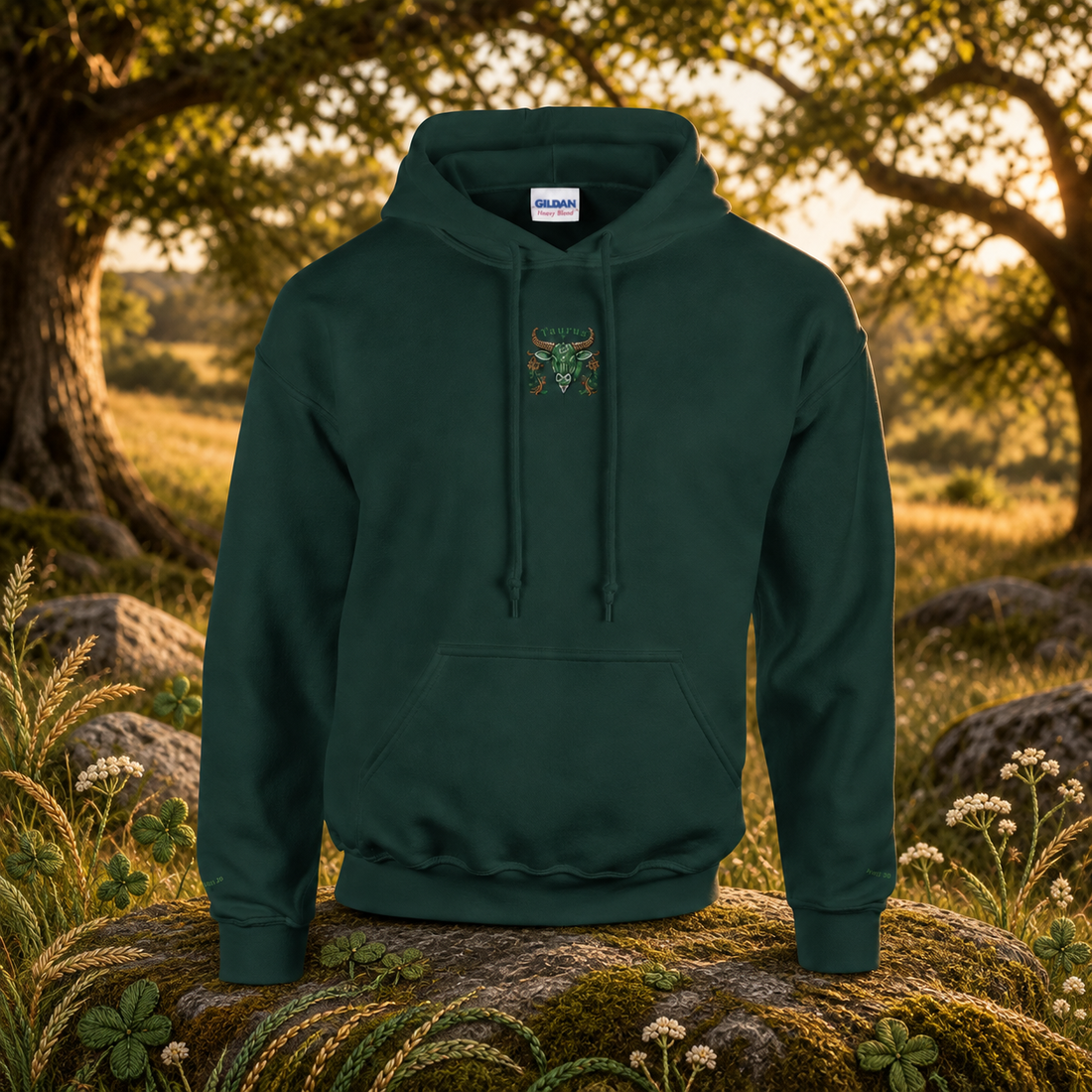 Taurus (April 20 - May 20) – The Grounded Builder — original product design in a realistic scene with embroidered environmental details.