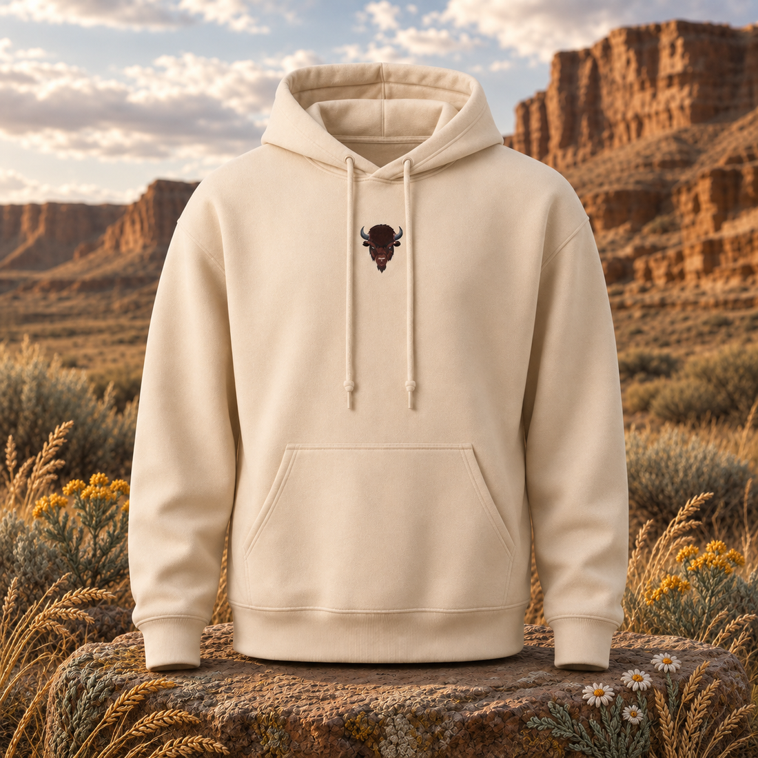 The Bison – Strength, Stability & Sacred Endurance — original product design in a realistic scene with embroidered environmental details.