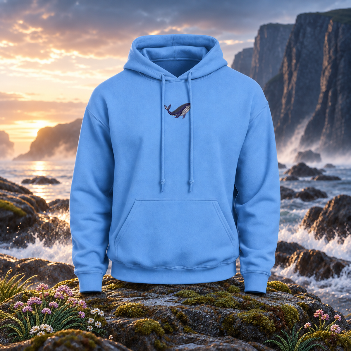 The Blue Whale – Wisdom, Depth &amp; Serenity — original product design in a realistic scene with embroidered environmental details.