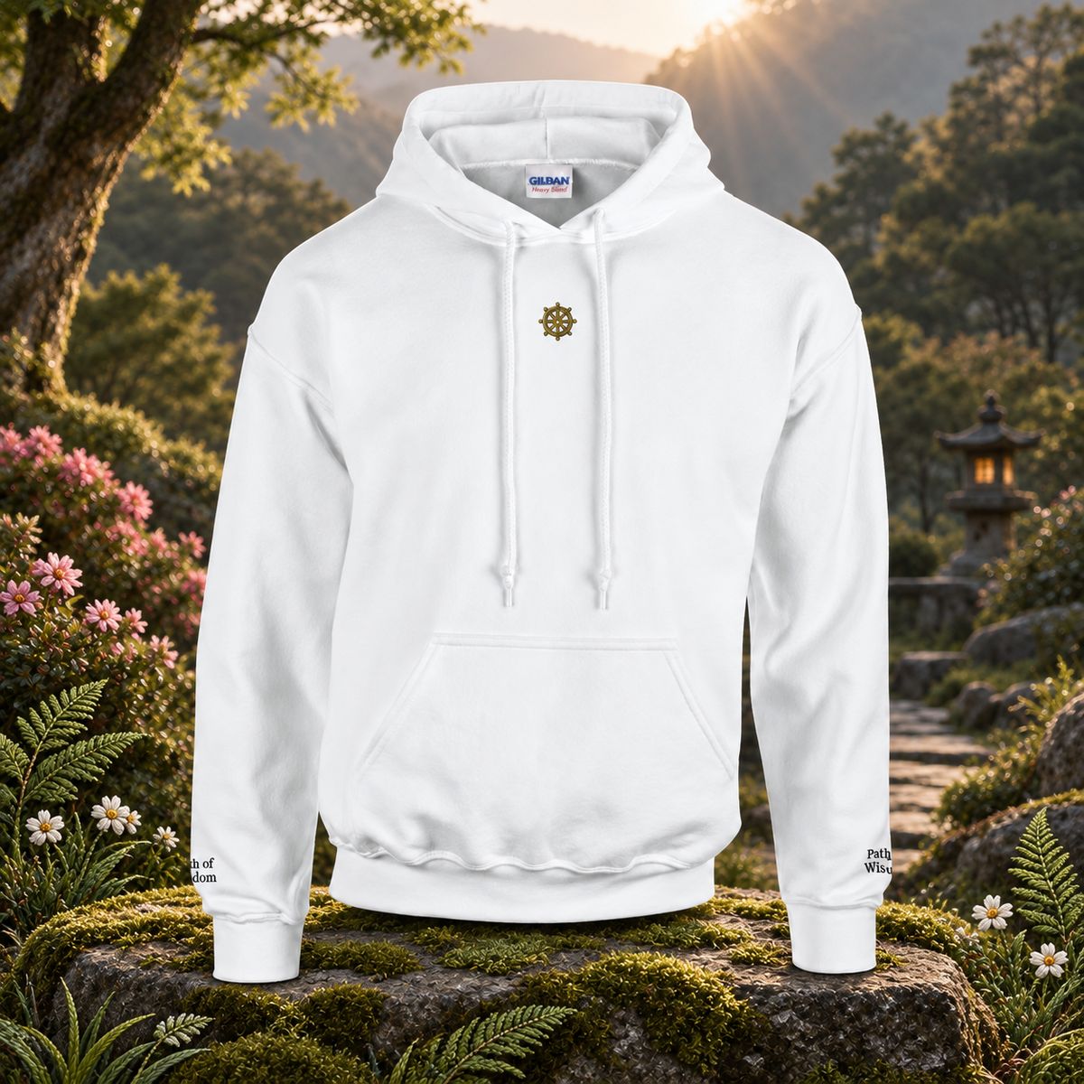 The Dharma Wheel – Path of Wisdom — original product design in a realistic scene with embroidered environmental details.