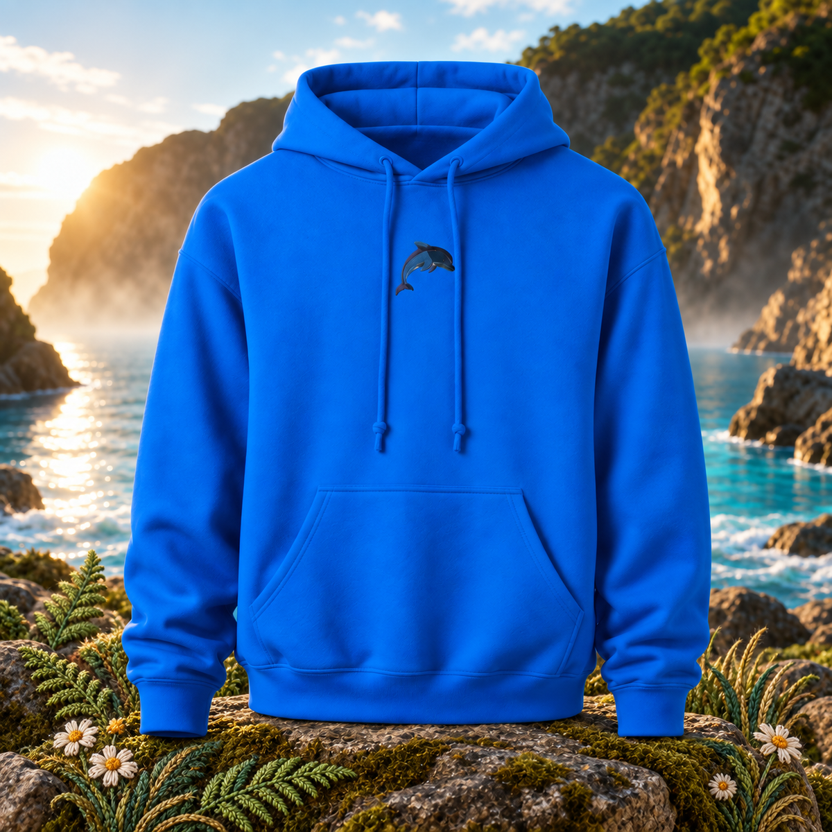 The Dolphin – Joy, Harmony &amp; Intelligence — original product design in a realistic scene with embroidered environmental details.