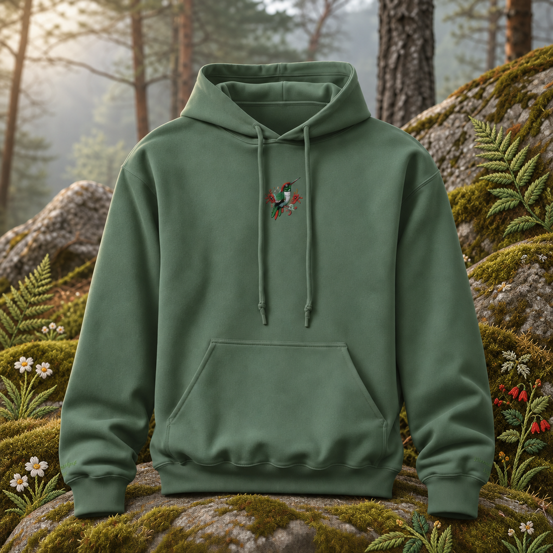 The Hummingbird โ Joy, Lightness & Resilience โ original product design in a realistic scene with embroidered environmental details.