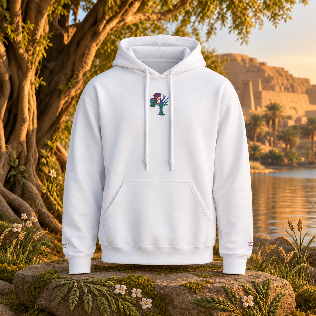 The Lady of the Sycamore โ Spirit of Life โ original product design in a realistic scene with embroidered environmental details.