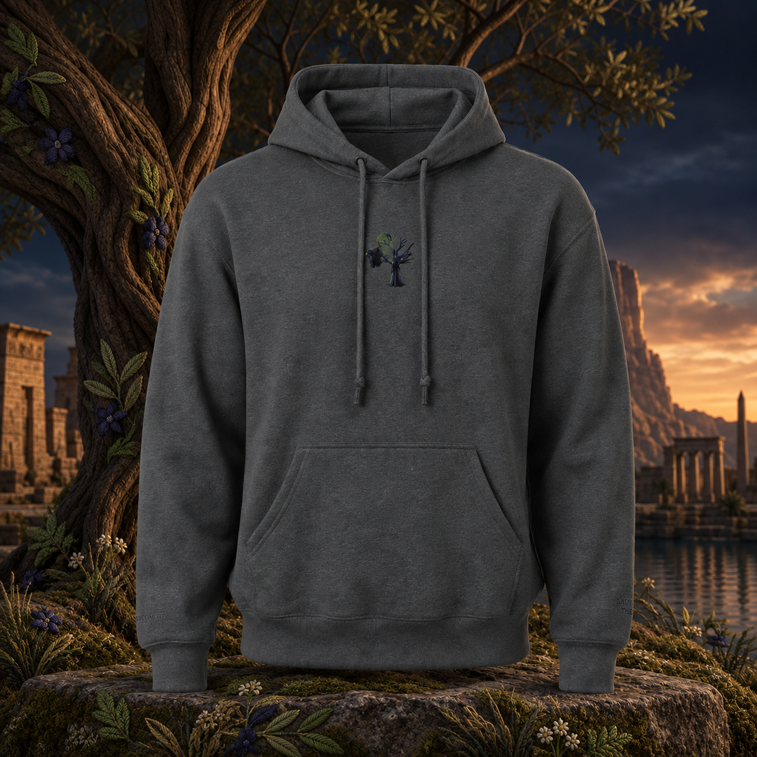 The Lady of the Sycamore – Spirit of Death — original product design in a realistic scene with embroidered environmental details.