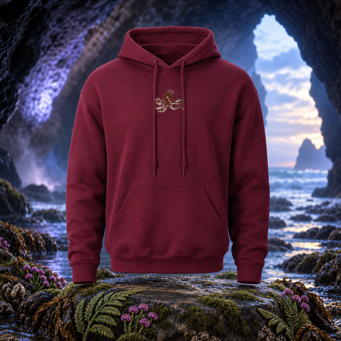 The Octopus – Intelligence, Adaptability &amp; Flow — original product design in a realistic scene with embroidered environmental details.