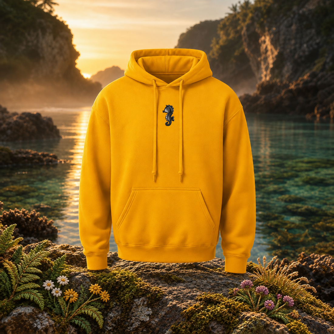 The Seahorse – Patience, Protection & Perspective — original product design in a realistic scene with embroidered environmental details.