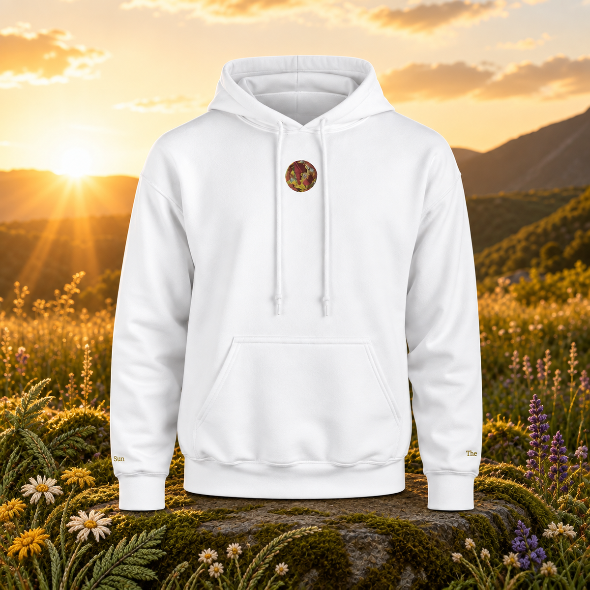The Sun — Vitality, Confidence &amp; Inner Power — original product design in a realistic scene with embroidered environmental details.