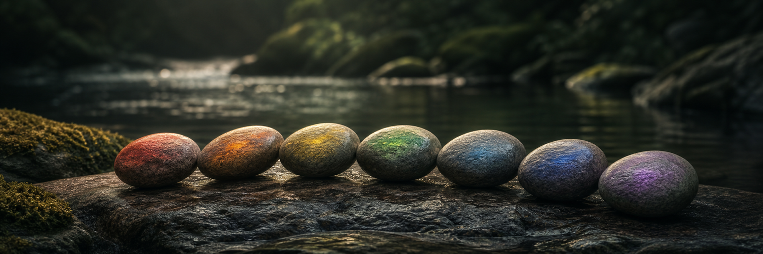 Chakra Energy collection — seven colored river stones beside a forest stream