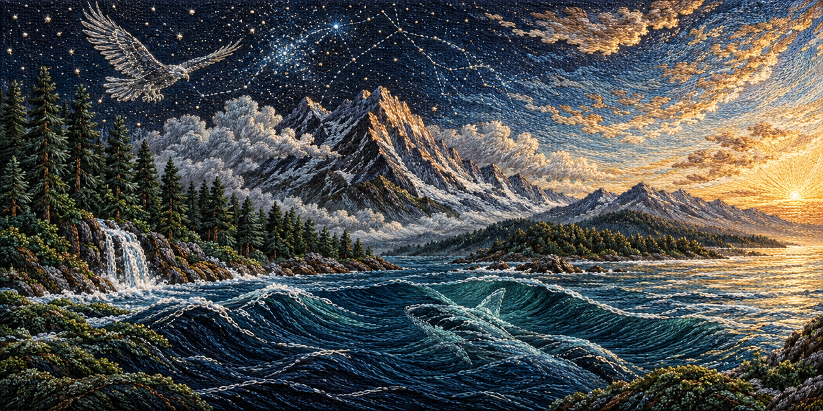 Pencil outlines on fabric gradually become an embroidered landscape of mountains, forest, an eagle and ocean waves.