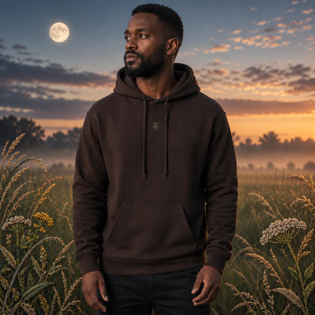 Cricket Hoodie – Awareness & Opportunity in Dark Chocolate – Bright Future product image — realistic model in an embroidered nature scene.