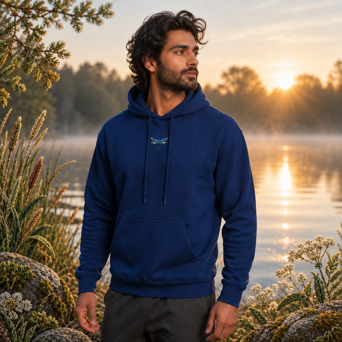 Dragonfly Hoodie – Change & Clarity in Navy – Bright Future product image — realistic model in an embroidered nature scene.