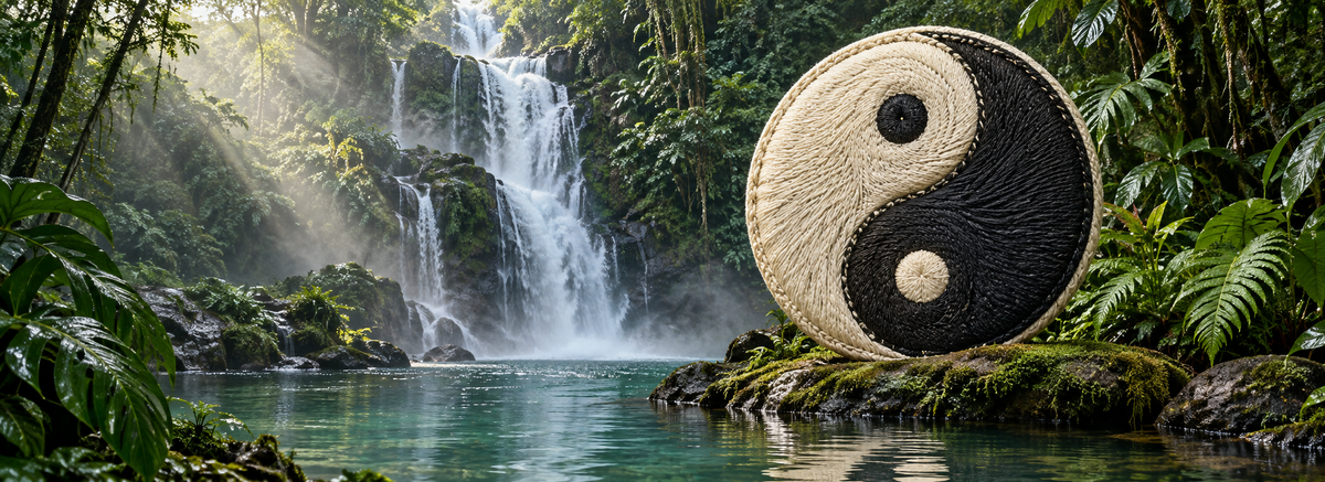 An embroidered yin-yang stands amid bare stone as water flows, moss spreads, trees grow, and butterflies and a kingfisher arrive.