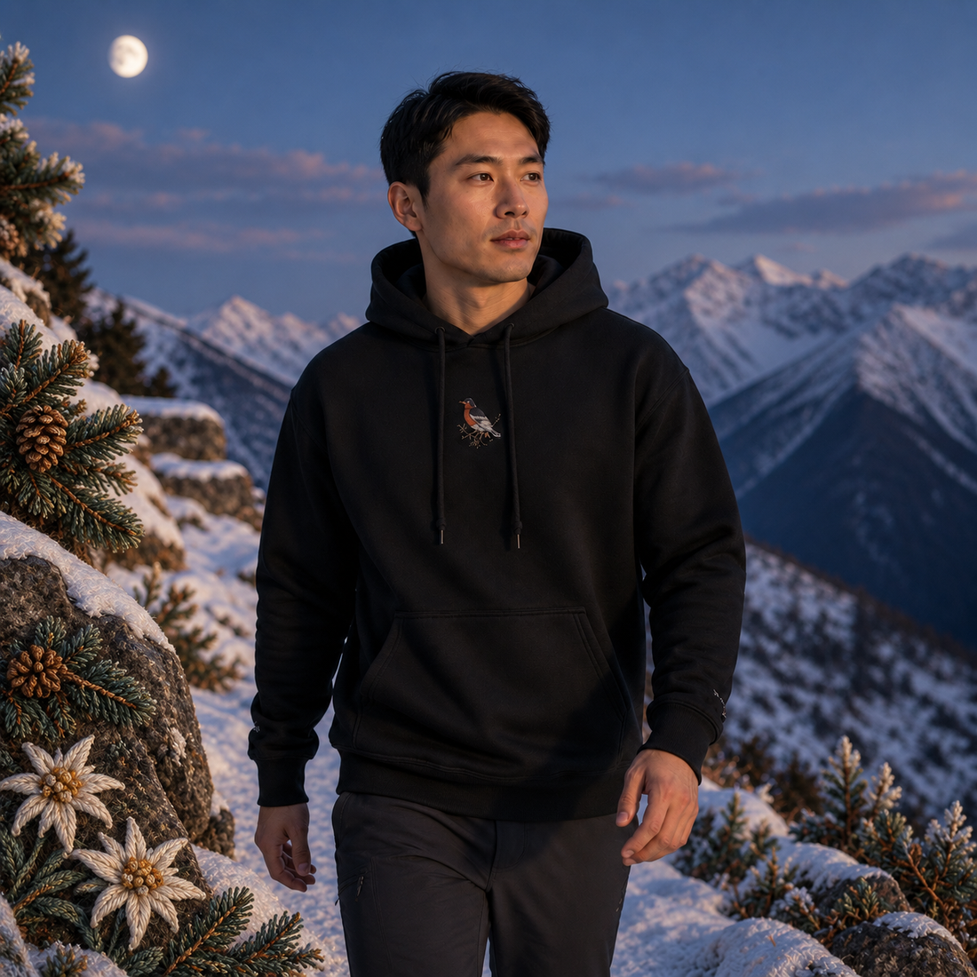 Robin Hoodie – Bright Future product image — realistic model in an embroidered nature scene.