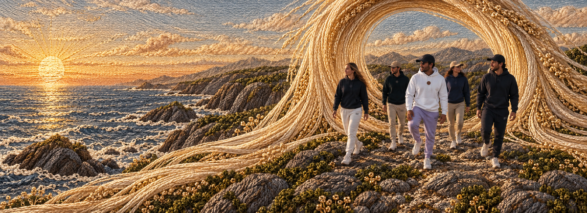 Five people wearing Bright Future hoodies walk through a golden embroidered portal, forest, desert and mountain landscapes.