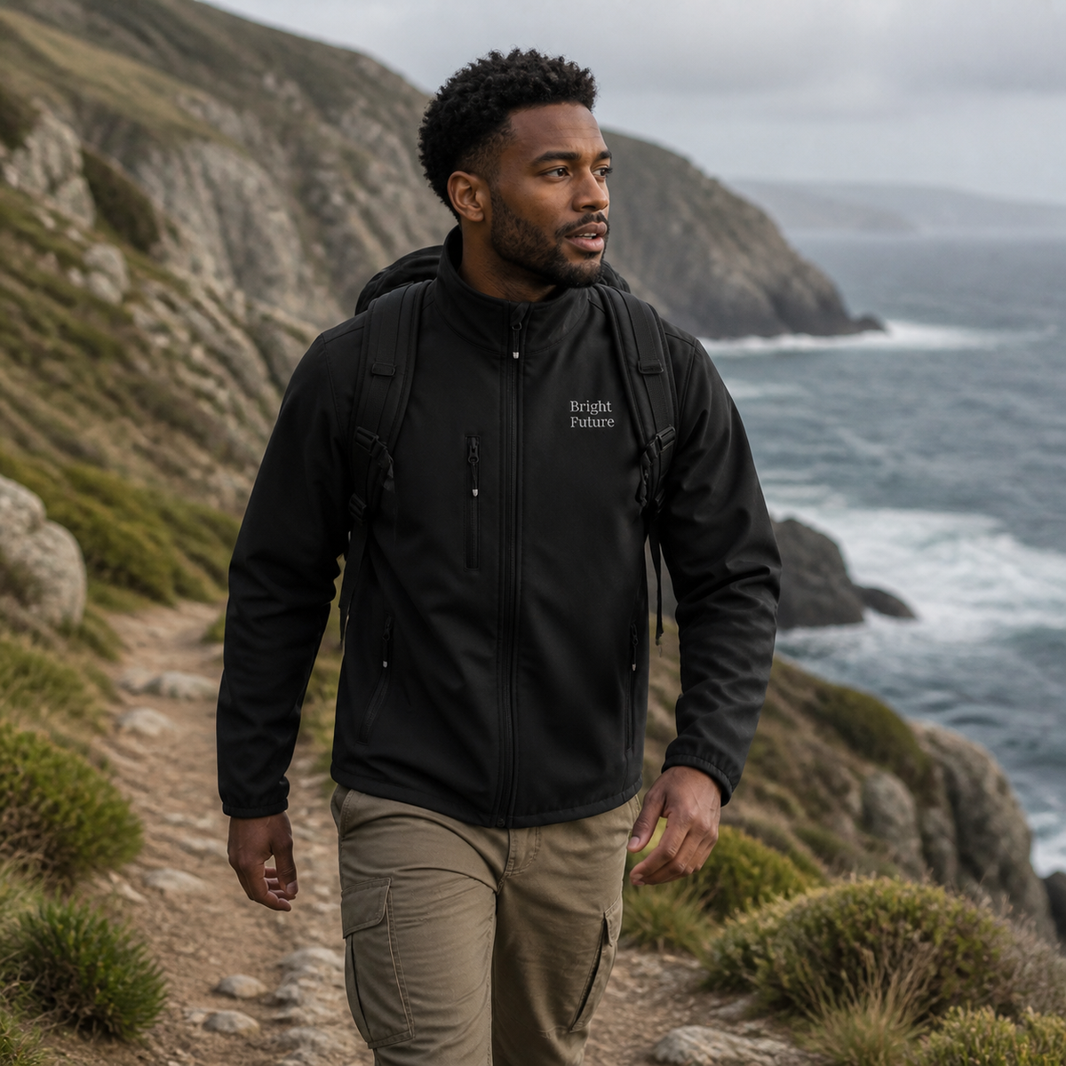 Bright Future Falcon black softshell jacket worn hiking on a coastal trail