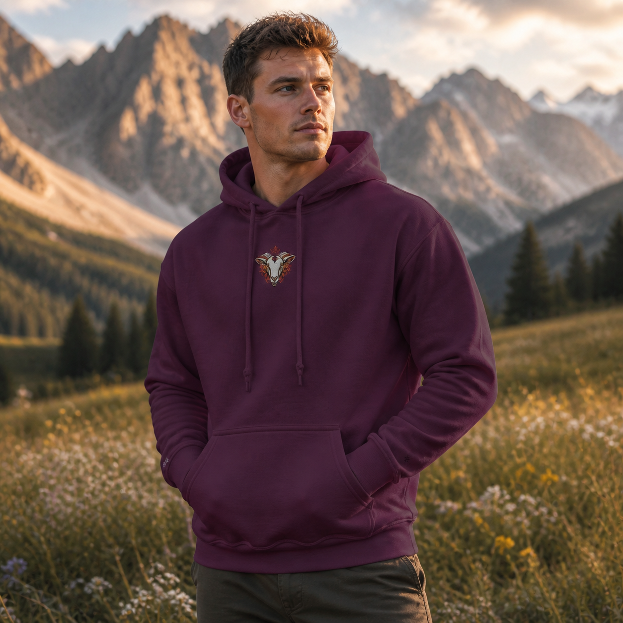 Goat Chinese Zodiac Hoodie in Maroon – Bright Future product image