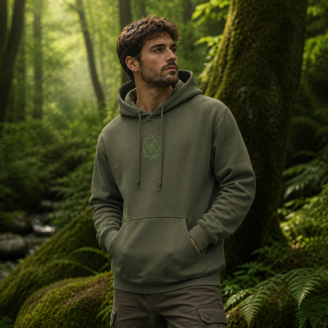 Heart Chakra Hoodie in Military Green – Bright Future product image