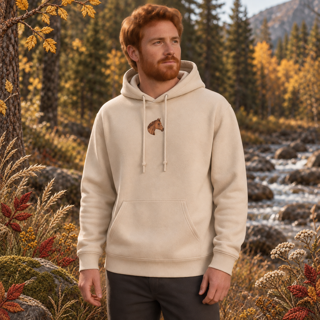 Horse Hoodie – Freedom, Spirit & Strength in Sand – Bright Future product image — realistic model in an embroidered nature scene.