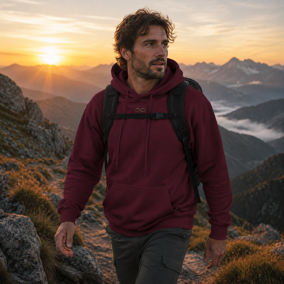 Maroon Infinity hoodie worn hiking at sunset