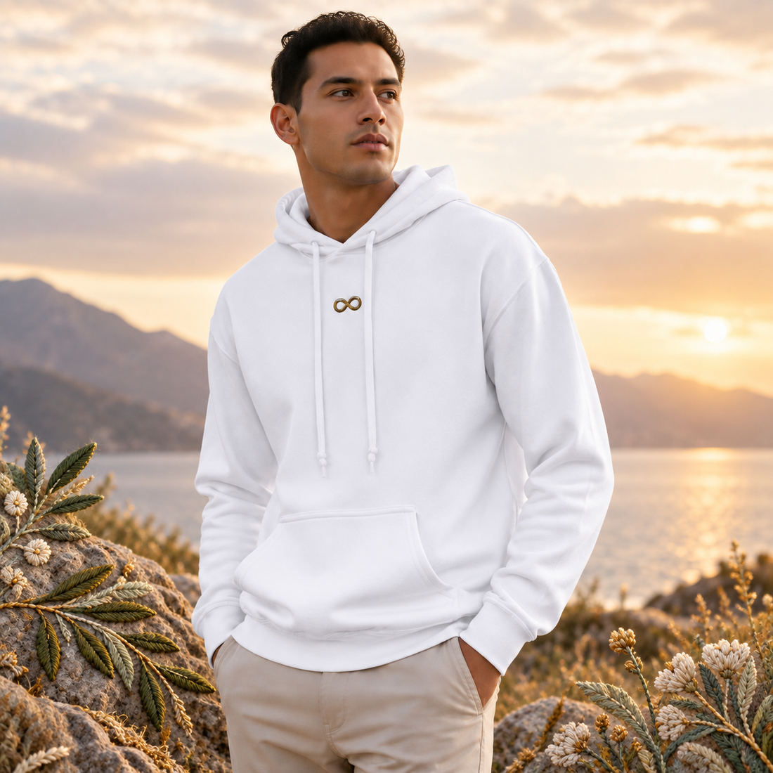 Infinity Symbol Hoodie in White – Bright Future product image — realistic model in an embroidered nature scene.