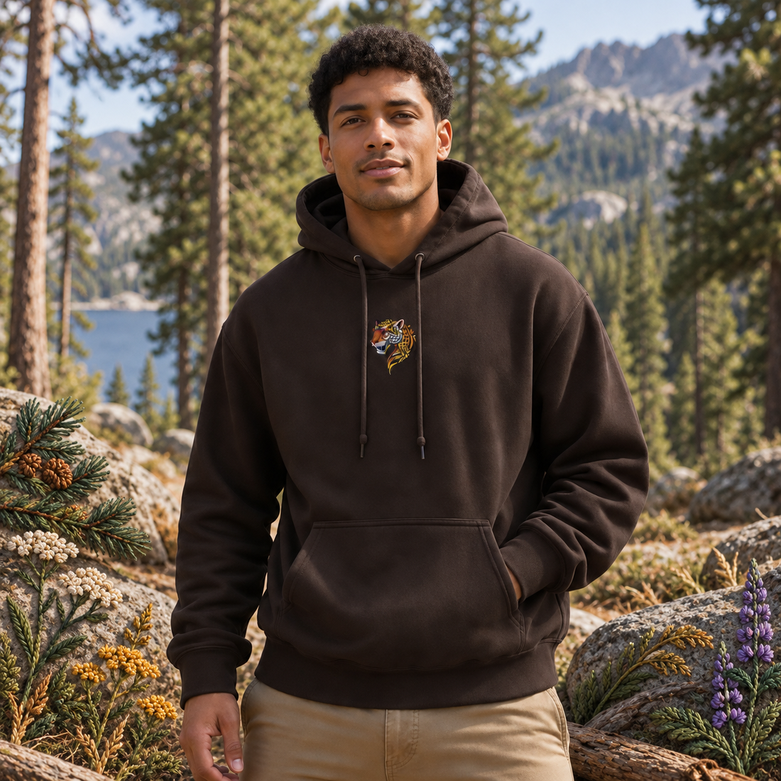Jaguar Hoodie in Dark Chocolate – Bright Future product image — realistic model in an embroidered nature scene.