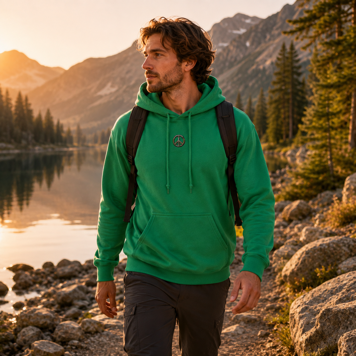 Irish green Peace hoodie worn beside an alpine lake