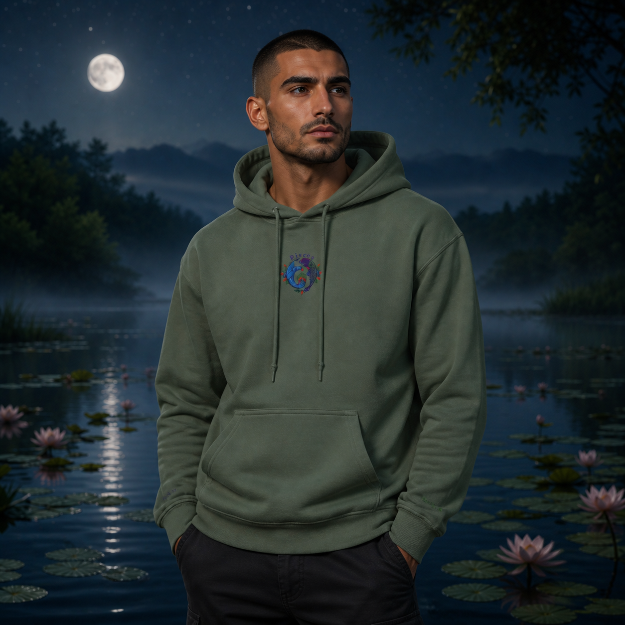 Pisces Zodiac Hoodie in Military Green – Bright Future product image
