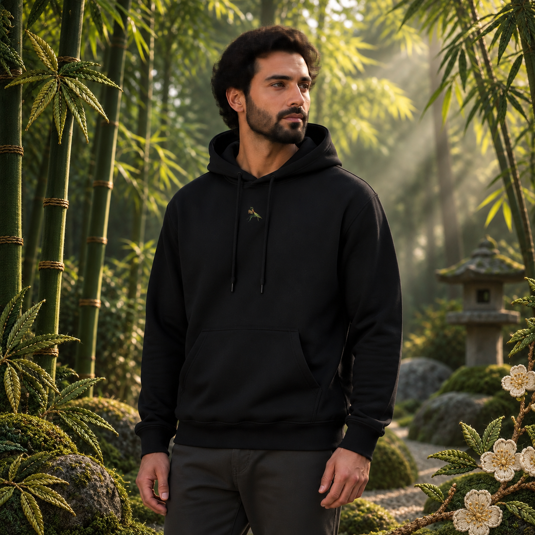 Praying Mantis Hoodie – Patience & Precision in Black – Bright Future product image — realistic model in an embroidered nature scene.