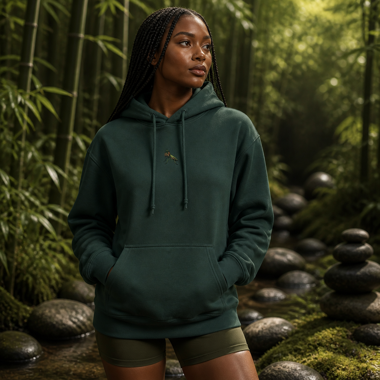 Praying Mantis Hoodie – Patience &amp; Precision in Forest Green – Bright Future product image