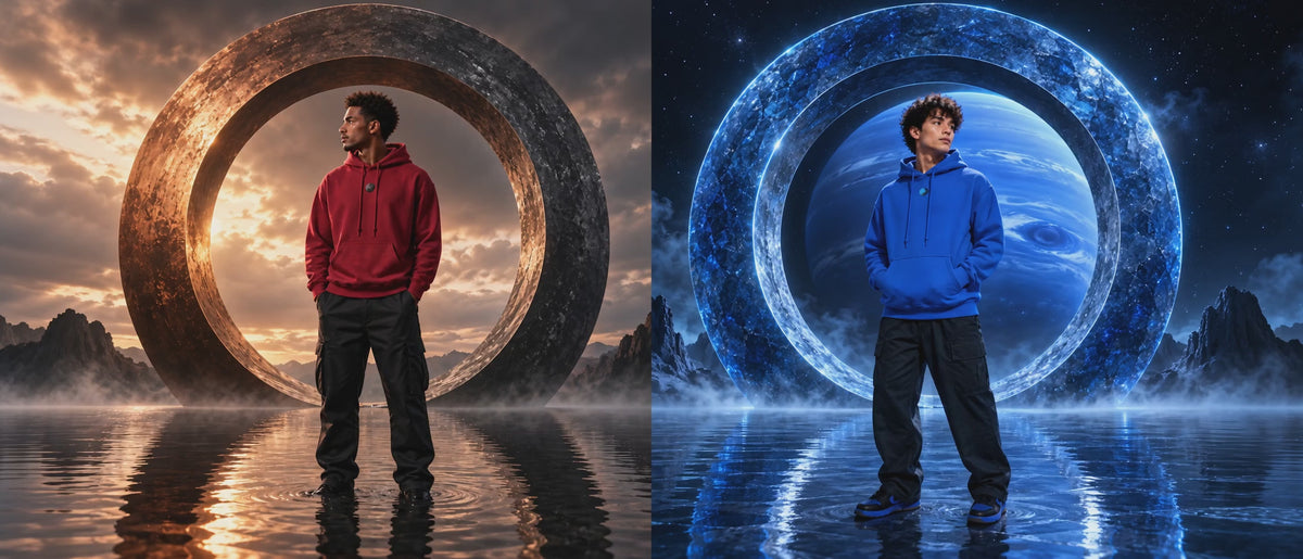 Red and blue hoodie wearers stand in front of circular gateways as the view pulls back to reveal Mars and Neptune side by side.