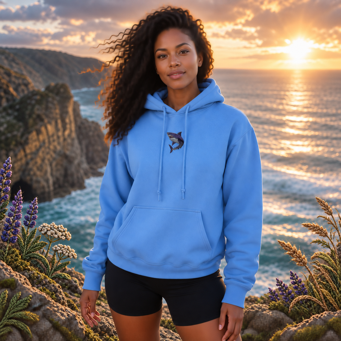 Shark Hoodie – Focus, Power & Flow in Carolina Blue – Bright Future product image — realistic model in an embroidered nature scene.