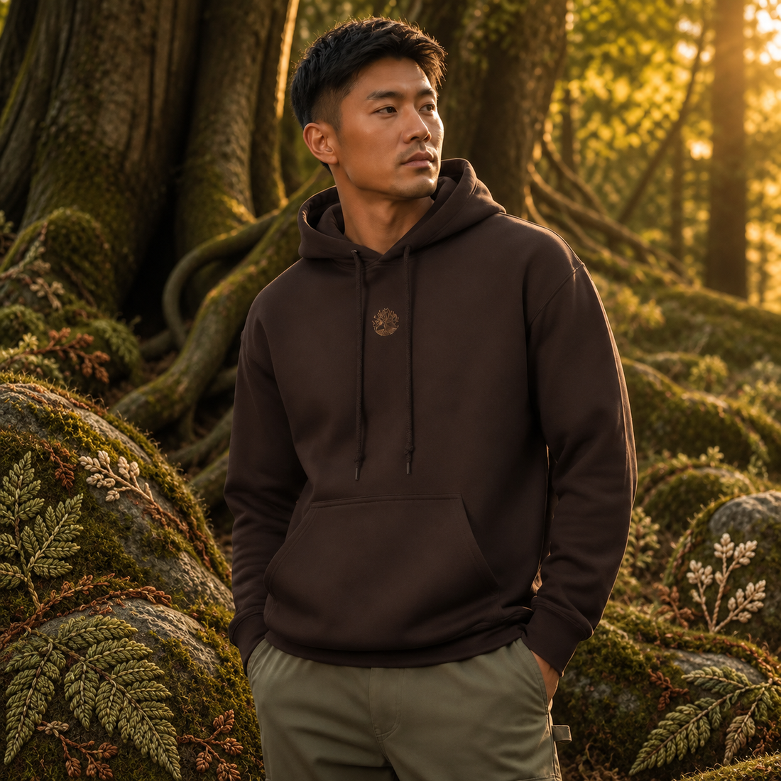 Tree of Life Symbol Hoodie in Dark Chocolate – Bright Future product image — realistic model in an embroidered nature scene.