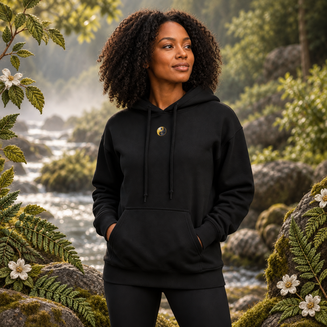 Yin & Yang Symbol Hoodie in Black – Bright Future product image — realistic model in an embroidered nature scene.