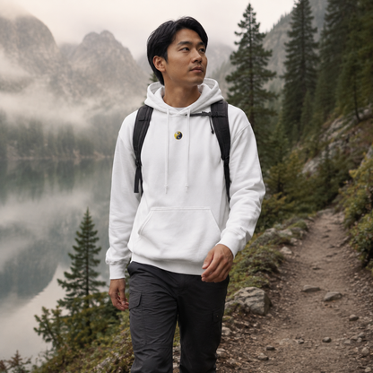 White Yin and Yang hoodie worn hiking beside a misty mountain lake
